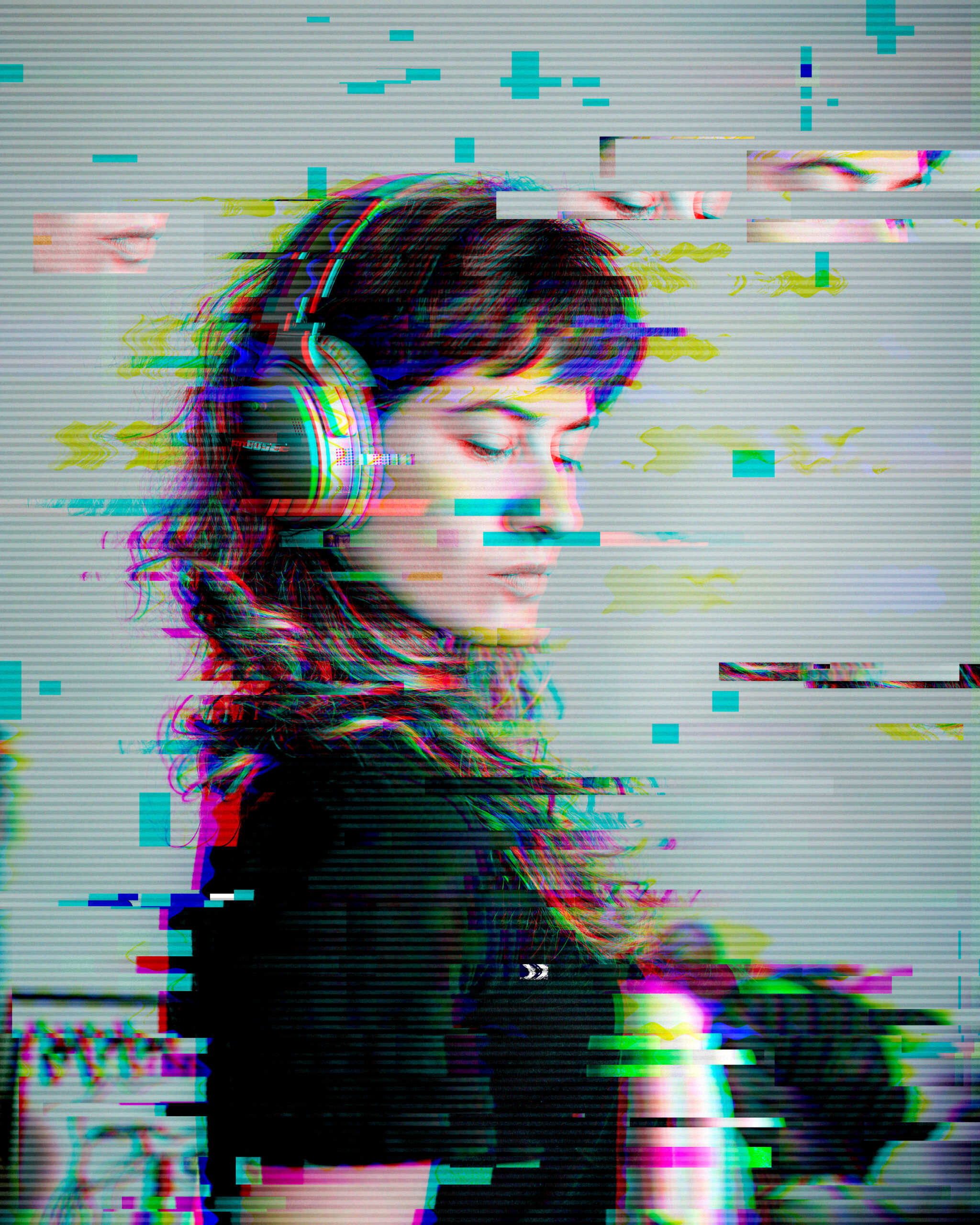 Glitch profile portrait of a young woman with headphones